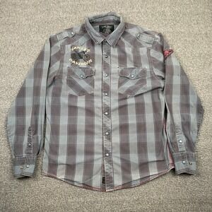 Harley-Davidson Biker Shirt Men's Large Gray Long Sleeve Pearl Snap Plaid Y2K